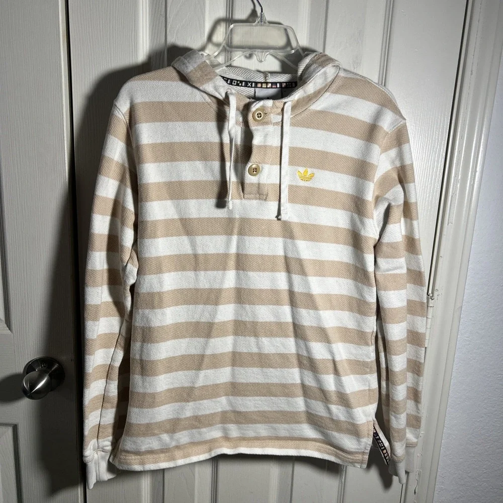 Adidas Originals Striped Hoodie Knit Tan White Men's Sz S Resort Nautical